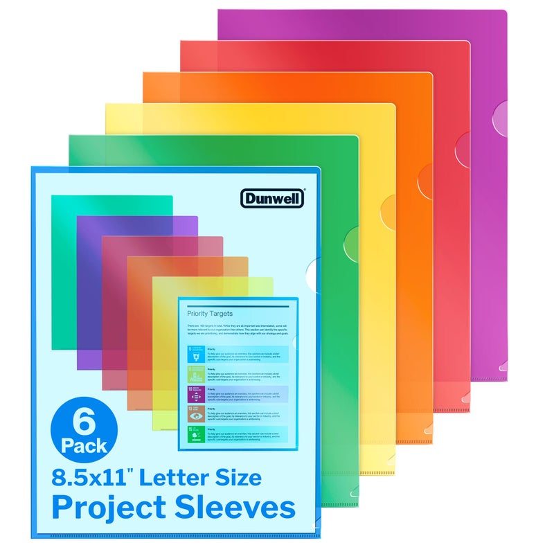 Dunwell Clear Folders for Documents, Plastic 8.5x11 File Sleeves for Document Protection, Filing, Storage, Organization (6 Pack) Colorful Folders with Pockets, Durable Letter Size Document Holder - Image 1